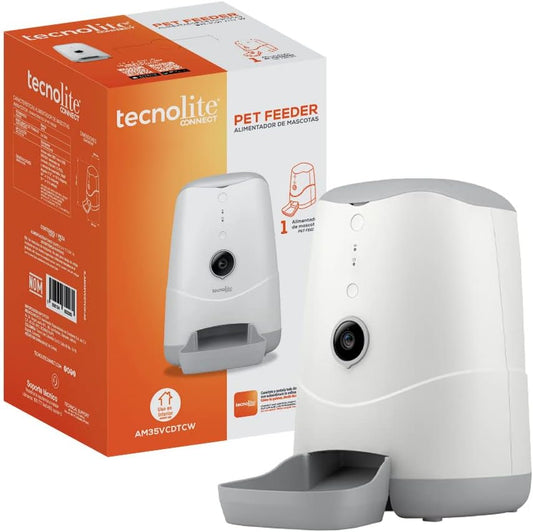 Tecnolite Connect Alimentador para Mascotas Inteligente, Capacidad: 3.7 L, Automático con Conexión WiFi, Cámara y Audio FullHD Integrados, Color: Blanco.